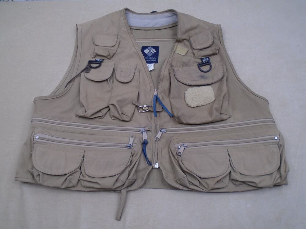 Vintage Columbia Sportswear Fishing Vest Tan Multi-Pocket Utility Mens Large